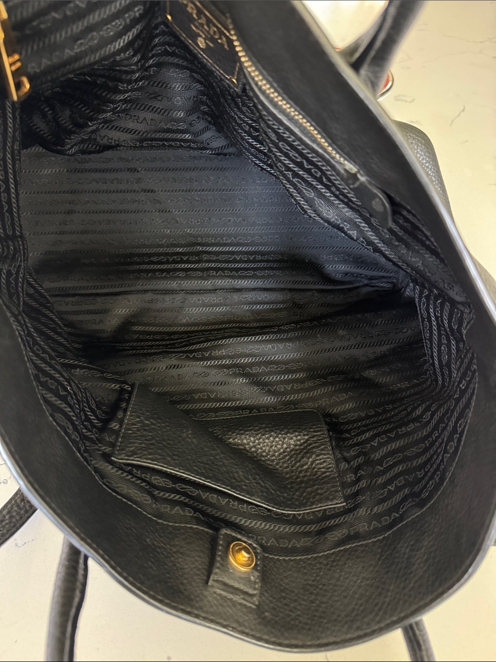 Prada Black Pebbled Leather Satchel with Gold Logo and Strap - Picture 12 of 14